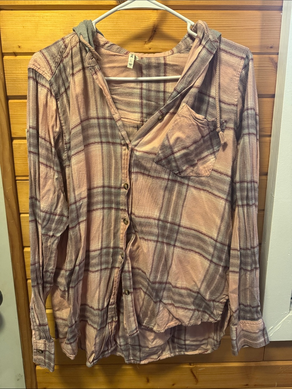 Mudd Pink Plaid Button-Down Hooded Shirt
